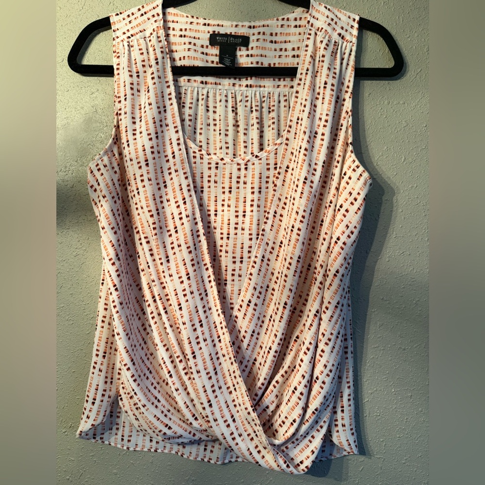 White House Black Market White, Black, and Orange Sleeveless Wrap Blouse